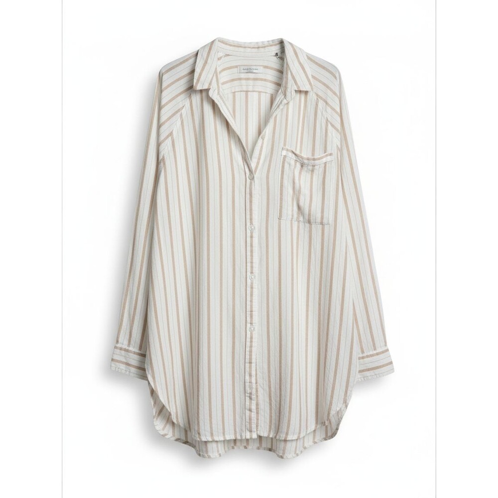 Aerie Linen Blend Striped Oversized Button Down Shirt Beige Cream Large Beach L